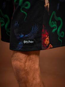 HARRY POTTER X SHEIN Men's Black Knitted Casual Shorts With Pockets And All-Over Animal Graphic Print - Black - View 4