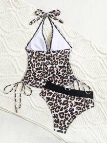 SHEIN Swim 2pcs Women Textured Leopard Print Adjustable Strap Spaghetti Strap Top & Tie Side Bikini Set, Holiday Style For Summer Beach Vacation - Brown - View 7