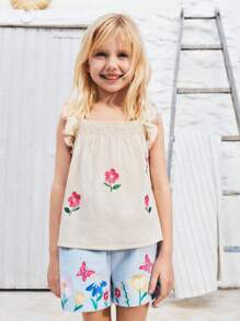 SHEIN Young Girl Summer Beach Vacation Style Cute Embroidered Ruffle Trim Cotton Tank Tops - Multicolor - View 1