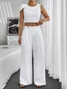 Rafferiza 女士优雅蝴蝶结装饰无袖上衣和阔腿裤两件套，夏季 - 白色 - 查看 6