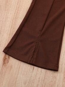 Young Girl Solid Color Cap Sleeve Top And Flared Pants Fashion 2 Pieces Set - Coffee Brown - View 7