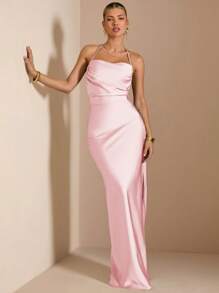 SHEIN BAE 绿色性感吊带露背喇叭裙配蝴蝶结，春夏，伴娘，缎面，正式 - 珊瑚粉 - 查看 2