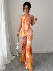 Elenzga 随机剪裁“水晶仙境”金色印花蕾丝吊带连体裤 - 彩色 - 查看 5