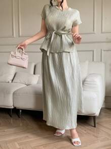 DAZY Conjunto de 2 piezas para mujer: blusa de manga de murciélago con textura y falda, primavera/verano