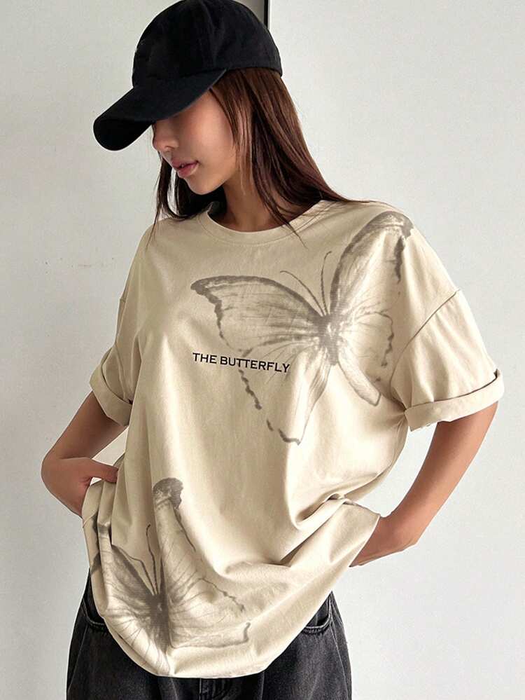 Women's Summer Butterfly And Letter Print Round Neck Drop Shoulder Loose Casual T-Shirt Y2k Graphic Tee Oversized T-Shirt