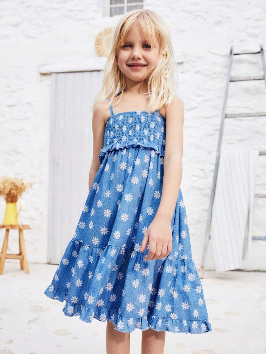 SHEIN Young Girls' Summer Daisy Print Print Ruffled Hem Bowknot Strap Dress,Versatile For Outing, Home, Holiday - Multicolor - View 1