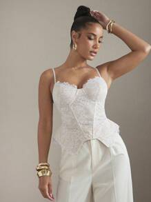 Hauture Lace Peplum Asymmetrical Hem Cami Strap Top - White - View 3