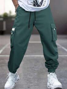 Manfinity Homme Men's Casual Woven Fabric Cargo Pants In Dark Green With Pockets And Drawstring Waistband For Everyday Comfort. - Dark Green - View 2