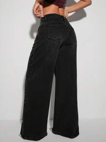 SHEIN ICON 女式低腰亮片拼接优雅口袋牛仔裤 - 灰色 - 查看 2