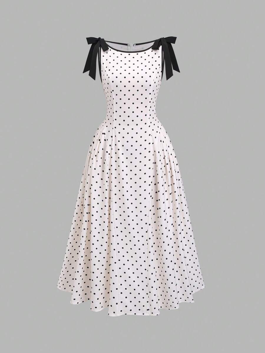 Sweetra Vintage Polka Dot Taffeta Dress With Oversized Bow - Apricot - View 1