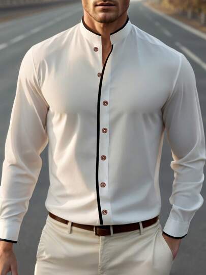 Manfinity Bizformal 男士优雅白色正式长袖衬衫，精致的新中式领子 - 春秋正装，弹性舒适的涤纶面料，经典撞色袖口设计，秋季