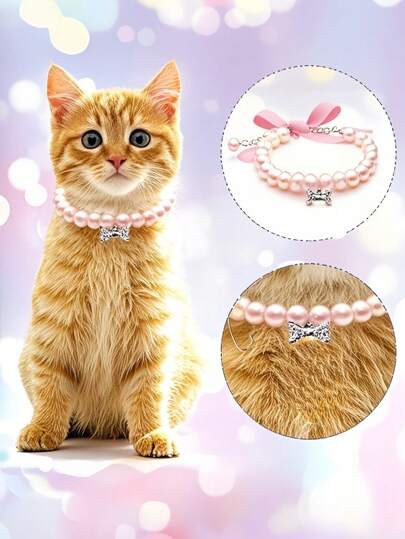 1 pieza Collar de perro y gato color rosa con perla y hueso con rhinestones - Elegante collar de boda para gatos, accesorios lindos para mascotas de niñas, cachorros, gatitos - Brillante gargantilla ajustable con destellos para perros pequeños, gatos, mascotas hembra - Regalo perfecto para amantes de las mascotas, fiesta nupcial, sesiones de fotos