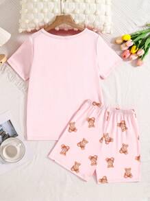 Set de 2 piezas de pijama para niñas preadolescentes, ajustado con estampado de oso de peluche y sakura rosa, top de manga corta y pantalones cortos, cómodo y con estilo