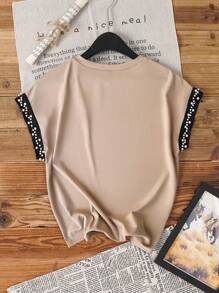 SHEIN LUNE Women's Elegant Pearl Decor Cuff T-Shirt, Summer - Khaki - View 2