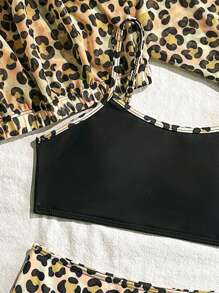 Tween Girls 2 Pieces Leopard Print Patchwork Bikini Set With Cover-Up Top - Multicolor - View 5