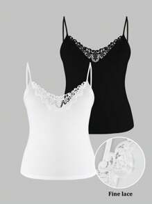 SHEIN LUNE Plus Size Lace Patchwork Solid Color Camisole 2 Pieces Set - Black and White - View 1