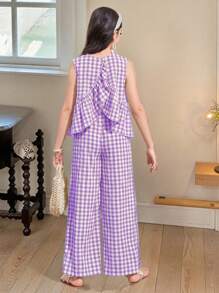 SHEIN LMoss Kids Tween Girls Woven Plaid Cute Ruffled Back Cross Sleeveless Loose Top And Loose Casual Trousers Two Pieces Set, Mint Green, Suitable For Spring Outings, Casual Pastoral Style, Casual Outings,Back To School - Purple - View 2