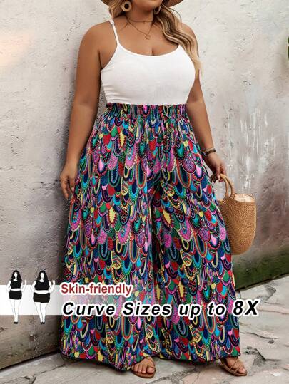 SHEIN CURVE+ 加大码全印花松紧腰系带超阔腿裤，海滩风、波西米亚风、猎豹印花，女士夏季服装，度假风、飘逸裤装、加大曲线、波西米亚度假风