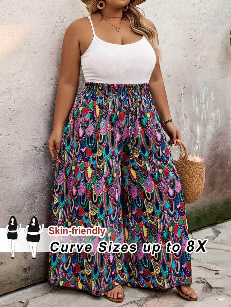 SHEIN CURVE+ 加大码全印花松紧腰系带超阔腿裤，海滩风、波西米亚风、猎豹印花，女士夏季服装，度假风、飘逸裤装、加大曲线、波西米亚度假风 - 彩色 - 查看 1