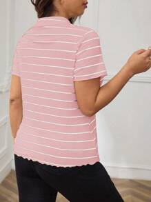 SHEIN Frenchy Plus Elegant, Office, Stylish, Comfortable And Simple,Teacher,Striped Print Button Front Tee,Short Sleeves