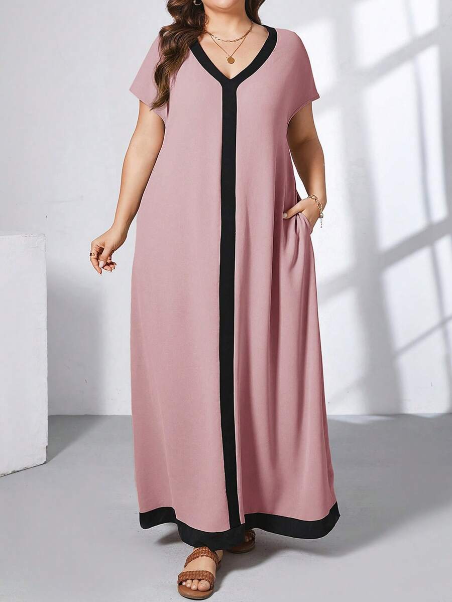 SHEIN Essnce 大码女式撞色领 V 领蝙蝠袖短袖口袋宽松休闲连衣裙 - 藕粉色 - 查看 1