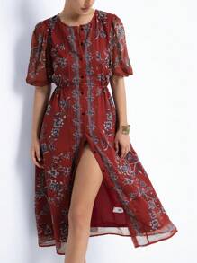 Aveloria Modichic Folk Style Print Chiffon Puff Sleeve Round Neck Single Breasted Dress - Multicolor - View 2