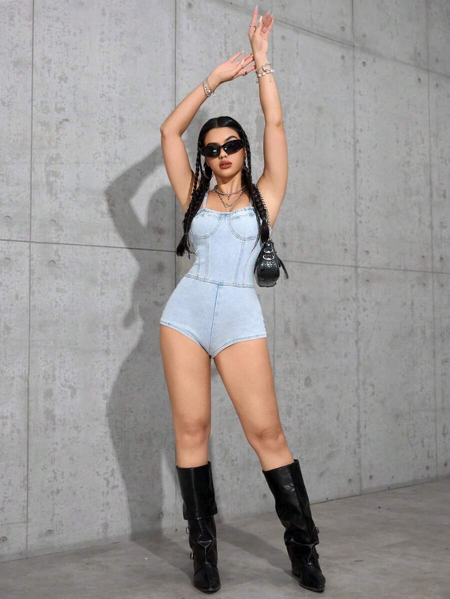 SHEIN ICON 女士休闲细肩带牛仔连体裤 - 藍色 - 查看 1