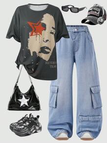 SHEIN Meisjes & tieners portret print ronde hals korte mouw T-shirt