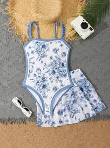 SHEIN Tween Girl Blue Floral Print Ruffled One-Piece Swimsuit With Beach Skirt - Multicolor - View 4