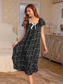 CottageSlumber Women's Wisteria Flower Print Ruffle Trim Bow Decor Nightgown Babydoll Holiday Season - Black - View 4