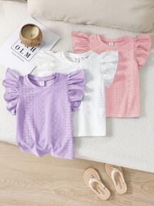 SHEIN 3 件套年轻女孩纯色荷叶边领修身 T 恤 - 粉色 - 查看 5