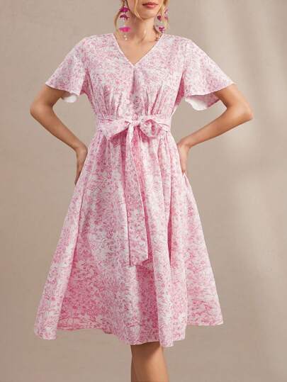 SHEIN Clasi 女士碎花中长款夏季度假连衣裙女装夏季波西米亚风女装花卉婚礼宾客连衣裙女士漂亮连衣裙优雅荷叶边