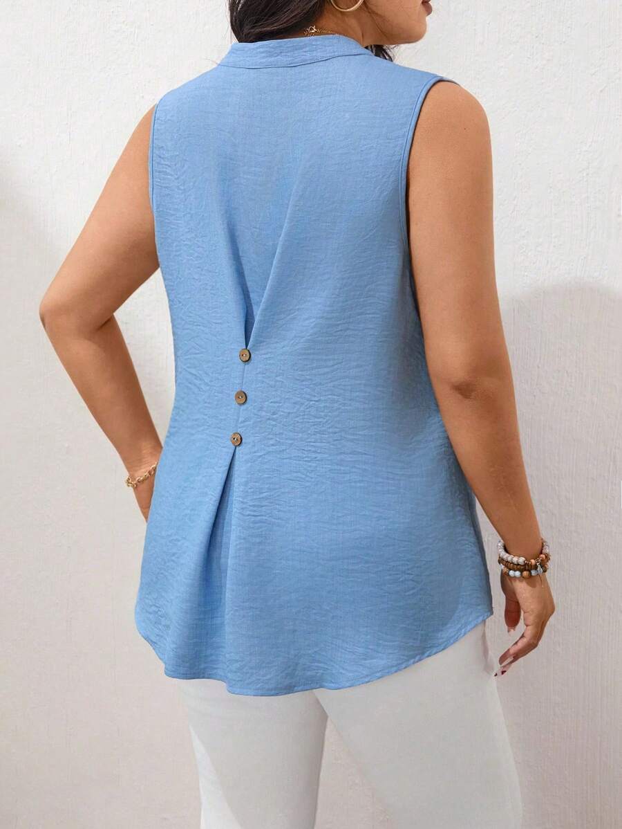 SHEIN LUNE EMERY ROSE Vacation Casual Solid Color Lapel Sleeveless Shirt - Mint Blue - View 1