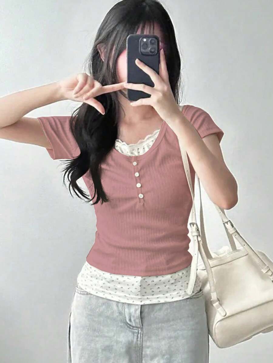 DAZY Áo thun nữ tay ngắn ôm vừa vặn 2 trong 1, màu trắng, thời trang xuân/hè - Hồng - Xem 1