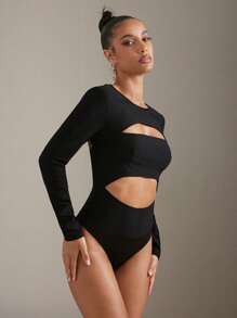 Hauture Cut Out Round Neck Keyhole Long Sleeve Bodysuit, Business Casual Outfits Woman - Black - View 5