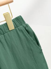 SHEIN Leap Crew 2pcs/Set Older Boys Loose Fit Stand Collar Plain Woven Short Sleeve Shirt And Long Pants Set - Green - View 5