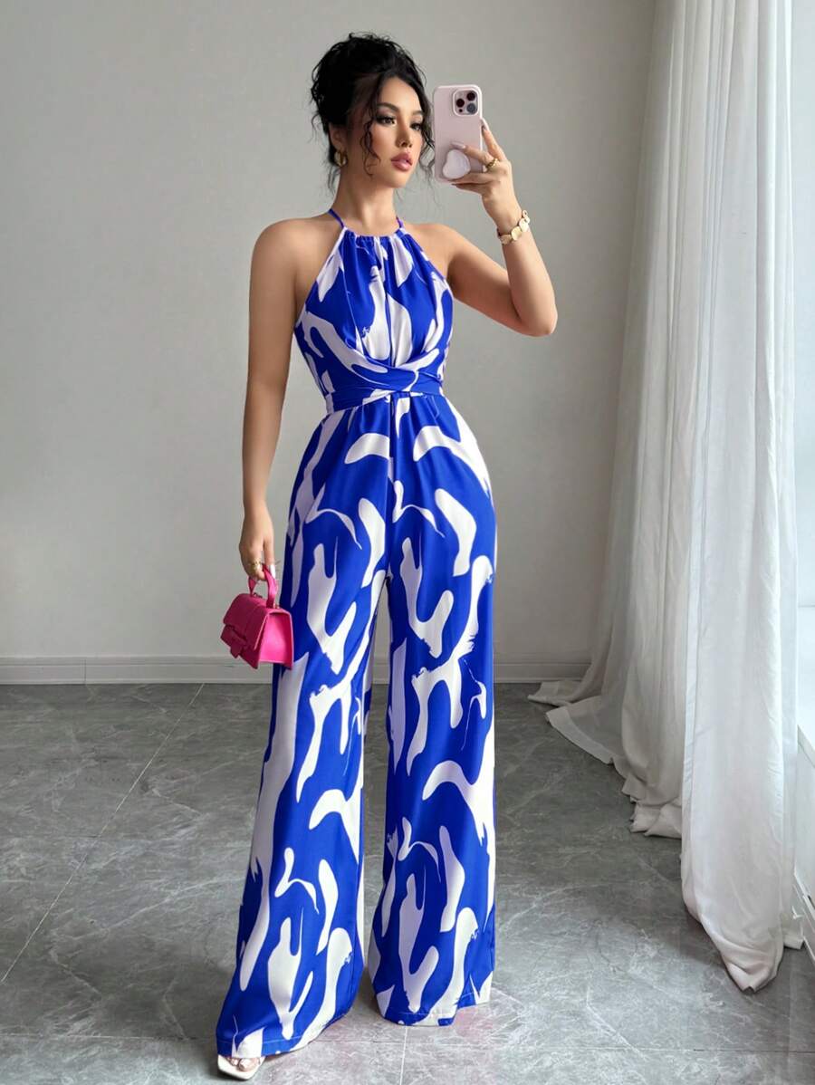 Elenzga Bộ đồ liền thân vải in eo cho nữ, thanh lịch khi đi nghỉ và mặc hàng ngày - Xanh đậm - Xem 1