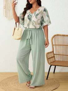 SHEIN Frenchy Plus Size Women 2pcs/Set Vacation Plant Print Ruffle Sleeve Shirt And Wide Leg Pants Set - Multicolor - View 3
