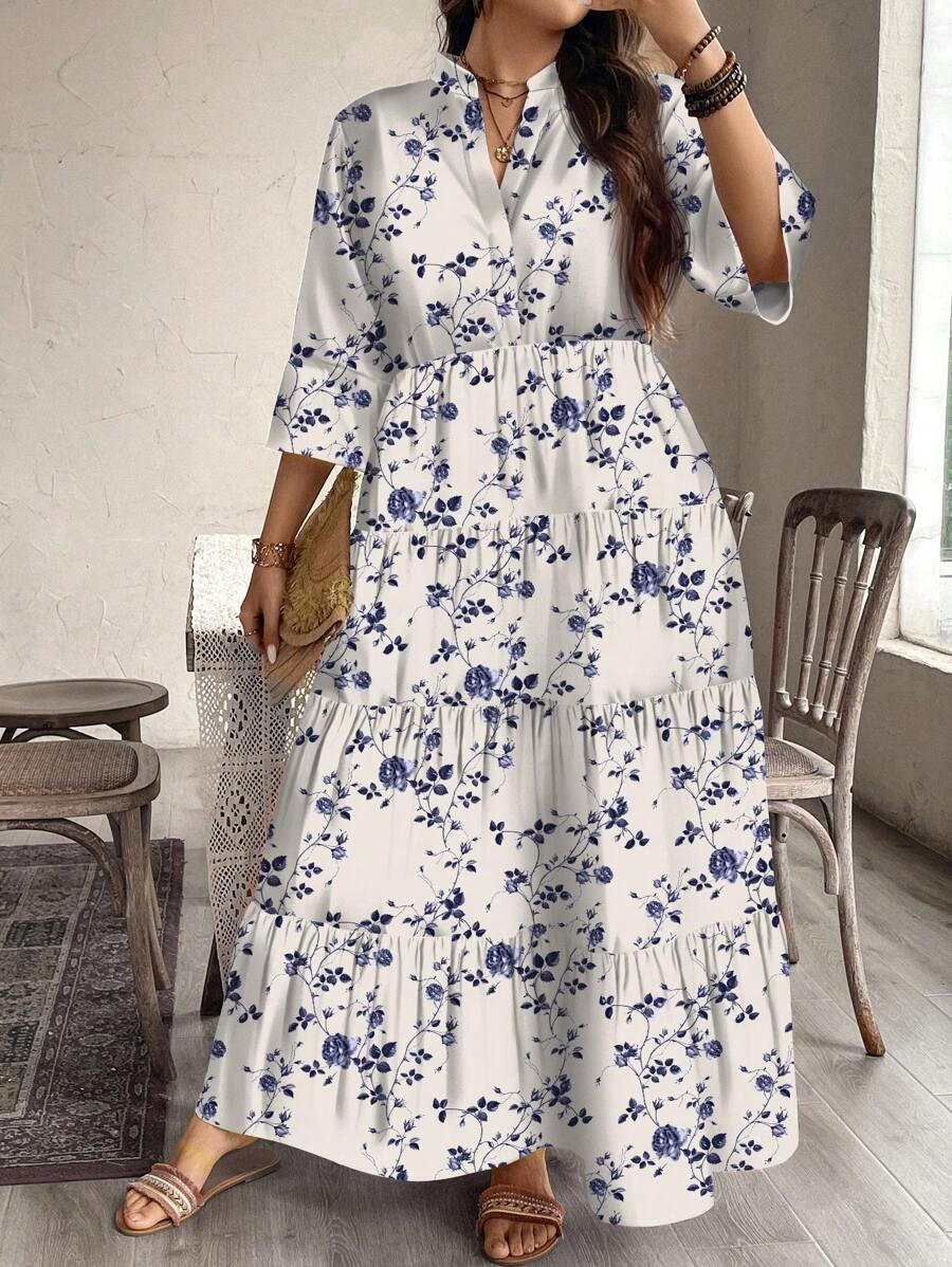 EMERY ROSE Abito lungo con stampa floreale casuale elegante, adatto per primavera e autunno, taglie comode