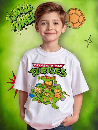 TEENAGE MUTANT NINJA TURTLES X SHEIN Young Boy Casual Round Neck Short Sleeve T-Shirt, Suitable For Summer