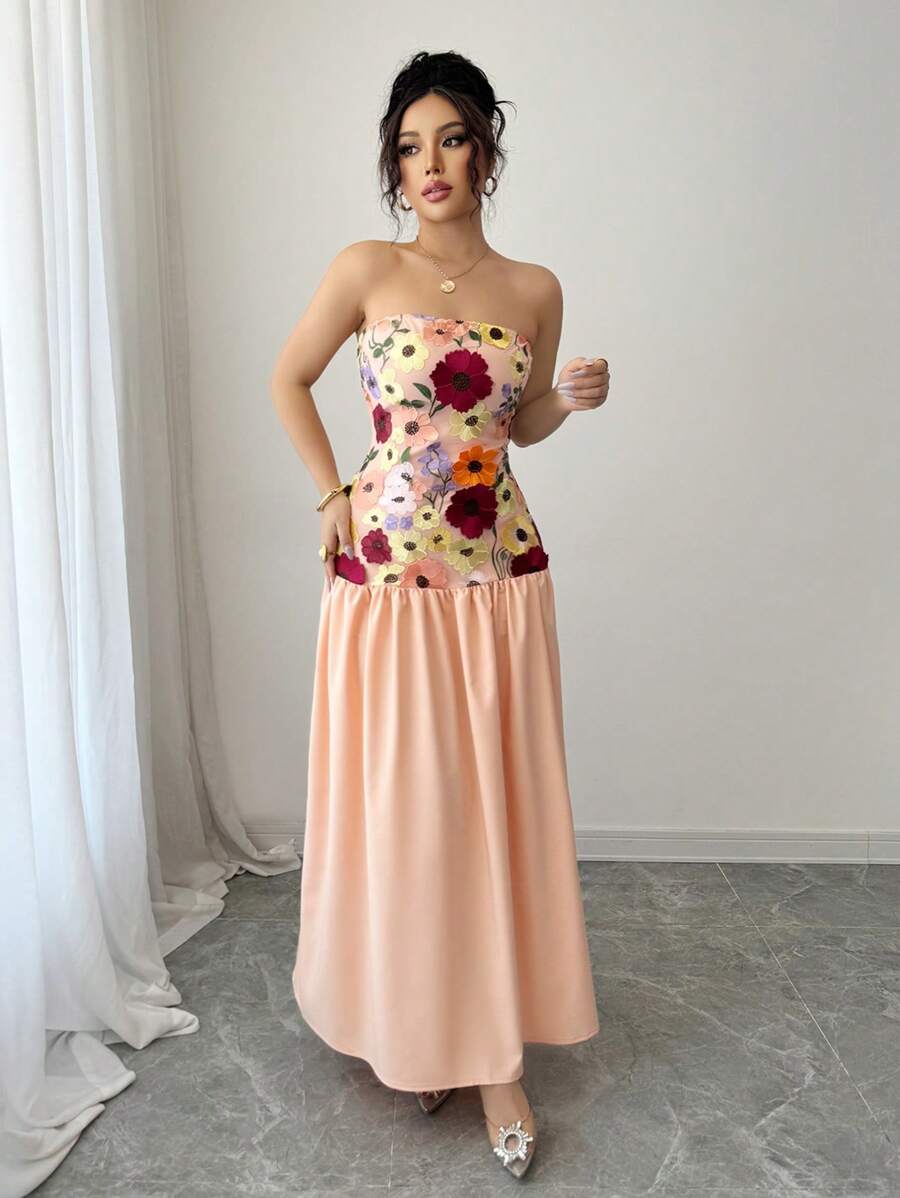 Elenzga Women's Floral Print Tube Dress Maxi Women Outfit - Pink - View 1