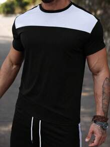 Manfinity Homme 2pcs Men's Summer Casual Contrast Color Round Neck Short Sleeve T-Shirt And Shorts Set - Black and White - View 8
