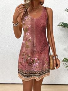 SHEIN LUNE Women's Casual Vintage Floral Print Round Neck Short Tank Dress, Suitable For Summer,Summer Dresses For Women