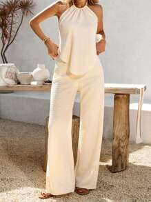 SHEIN VCAY 2 件大码女式度假纯色挂脖背心和裤子套装