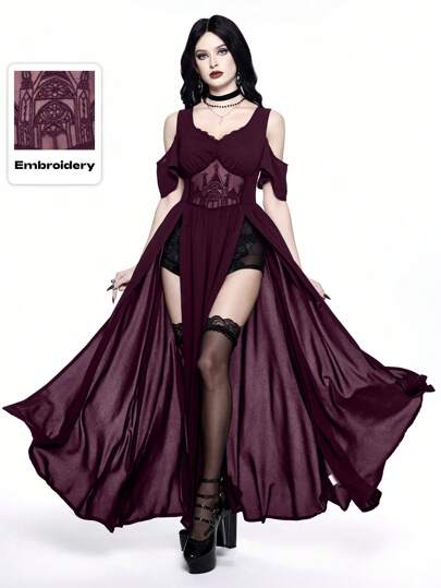 Goth Gothic Embroidered Hollow-Out Deep V-Neck Open Shoulder High Slit Dress Women Blouse