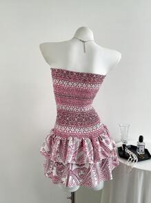 Elamini Women's Floral Print Ruffled Hem Tube Mini Vacation Dress - Pink - View 2