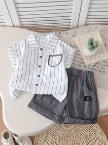 Young Boys 2 Pieces Preppy Outfit - Striped Polo Shirt And Solid Color Casual Shorts, Fashionable And Simple Style For Summer Young Boy Outfit Young Boys Clothing Shirts - Grey - View 1