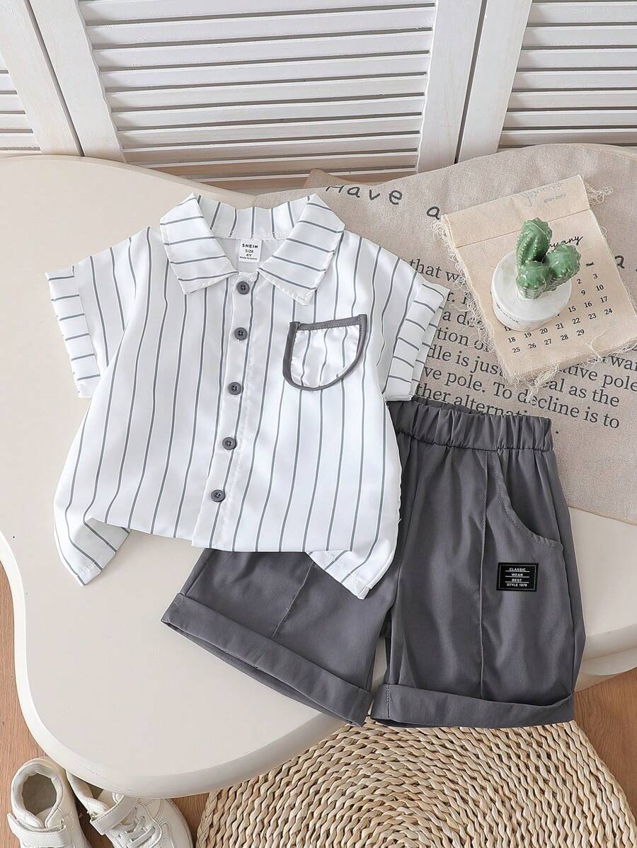 Young Boys 2 Pieces Preppy Outfit - Striped Polo Shirt And Solid Color Casual Shorts, Fashionable And Simple Style For Summer Young Boy Outfit Young Boys Clothing Shirts - Grey - View 1