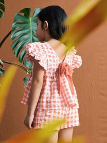 SHEIN Leap Crew 少女格子盖袖上衣，可拆卸蝴蝶结装饰和短裤两件套