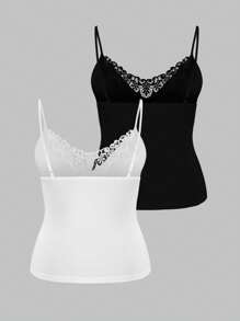 SHEIN LUNE Plus Size Lace Patchwork Solid Color Camisole 2 Pieces Set - Black and White - View 2